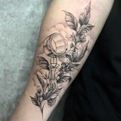 source Barista Tattoo Ideas, Coffee Tattoo Design, French Press Tattoo, Latte Art Tattoo, Coffee Cup Tattoo, Tattoo Cafe, Colorful Flower Tattoo, Common Tattoos, Coffee Tattoo