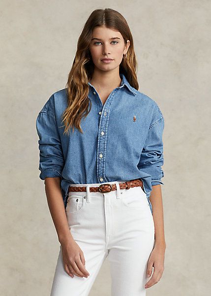 Cropped Denim Shirt, Ralph Lauren Denim Shirt, Outfits Con Camisa, Oversized Denim Shirt, Womens Denim Shirt, Polo Sport, Ralph Lauren Long Sleeve, Ralph Lauren Denim, Japanese Cotton