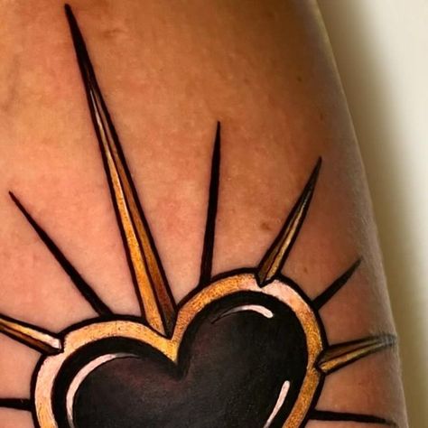 Cortney Norton on Instagram: "The softest hearts have the toughest shields 💛🗡️ • • • #inkanddagger #inkanddaggertattoo #spikeyhearttattoo #spikedhearttattoo #hearttattoo #heart #artdecotattoo #artnouveautattoo #artdeco #forearmtattoo #neotraditionaltattoo #neotraditional #atlantatattooartist #tattoo #atlantatattooartist #neotraditional #neotraditionalthightattoo #atltattoo #atlantatattoo #tattooideas #gatattooers #tattoodesigns #roswelltattoos #floralcheatpiece #femanintattoo #femtattoos #goldtattoo" Neotraditional Heart Tattoo, Neo Traditional Heart Tattoo, Heart Of Gold Tattoo, Traditional Thigh Tattoo, Heart Key Tattoo, Traditional Heart Tattoos, Atlanta Tattoo, Art Deco Tattoo, Art Nouveau Tattoo