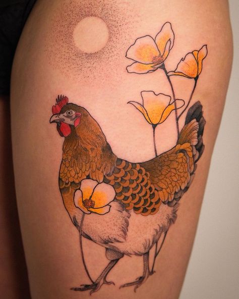 Small Goat Tattoo Simple, Mother Hen Tattoo, Silkie Chicken Tattoo, Chicken Tattoos For Women, Chicken Tattoo Ideas, Chick Tattoo, Hen Tattoo, Chicken Tattoo, Rooster Tattoo