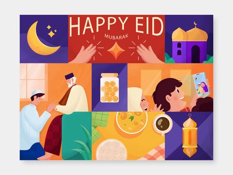 Happy Eid Mubarak Ramadan Design Ideas, Hari Raya Illustration, Raya Illustration, Eid Mubarak Illustration, Ramadan 2025, Ramadan Illustration, Pr Package, Box Hampers, Eid Card