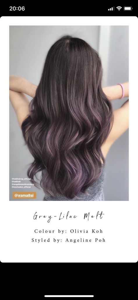 Smokey Lavender Hair Brunette, Purple Balyage Long Hair Brunettes, Subtle Lavender Hair, Purple Balyage Long Hair, Brunette Purple Balayage, Subtle Purple Balayage, Subtle Purple Hair, Purple Hair Tips, Ash Brown Hair With Highlights