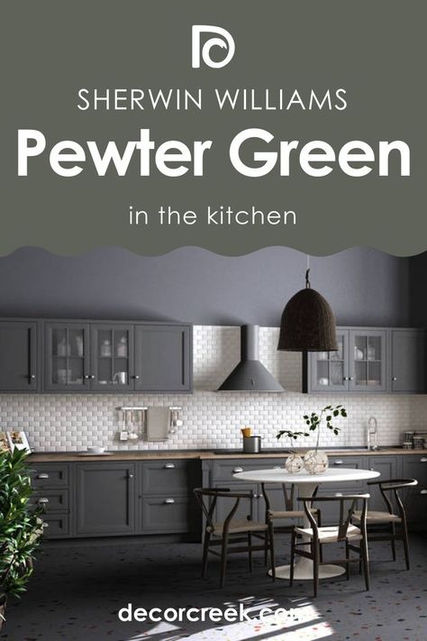 Pewter Green SW-6208 in the Kitchen by Sherwin Williams Sw Pewter Green, Greige Kitchen Cabinets, Green Kitchen Walls, Greige Kitchen, Pewter Green, Painted Kitchen Cabinets Colors, Green Kitchen Cabinets, Sherwin Williams Colors, Kitchen Cabinets Decor