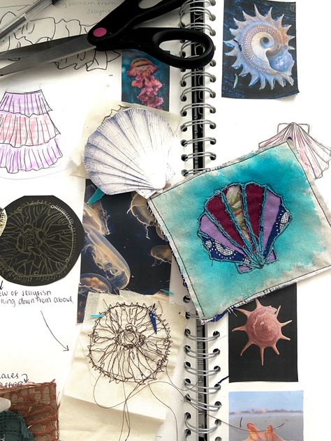 Gcse Textiles Mood Board, Gcse Textiles Sketchbook, Natural Forms Textiles, Shells Gcse Art Sketchbook Pages, A Level Textiles Themes, Water Textiles, Water Textiles Sketchbook, Gcse Textiles Water, Ocean Textiles Sketchbook