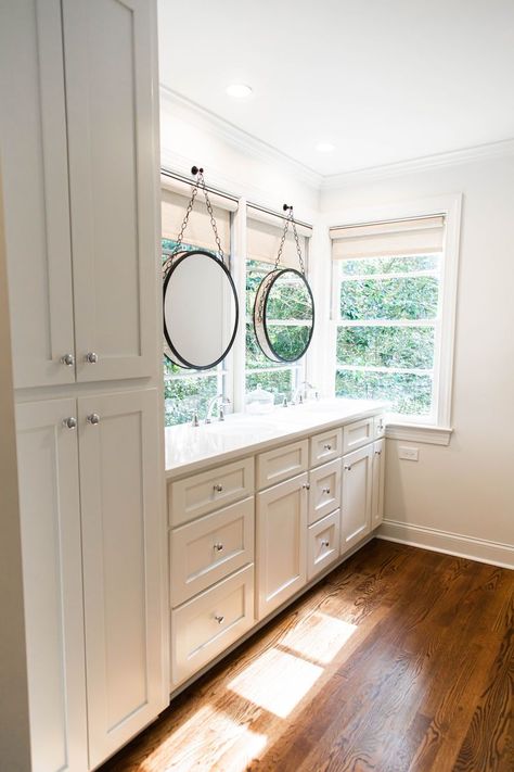 Mirror In Front Of Window, Vanity In Front Of Window, Window Vanity, Hanging Mirrors, Vanity Inspiration, Salon Mirrors, Mirrors Bathroom, Bath Makeover, Closet Layout