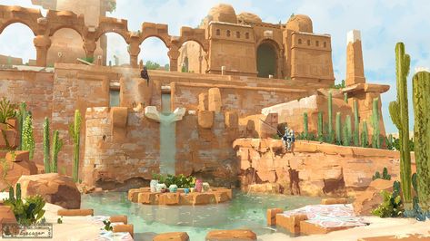 Desert Temple Concept Art, Desert Town Concept Art, Temple Concept Art, Desert Palace, Desert Temple, Desert Environment, Location Inspiration, Landscape Concept, Desert Art