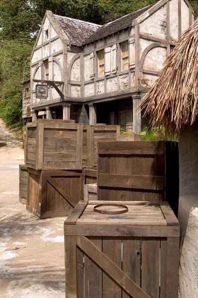 Wooden Shipping Crates, Medieval House, Adventure Decor, Planet Coaster, Tiki Bar Decor, Pirates Cove, Pirate Halloween, Shipping Crates, Jungle Adventure