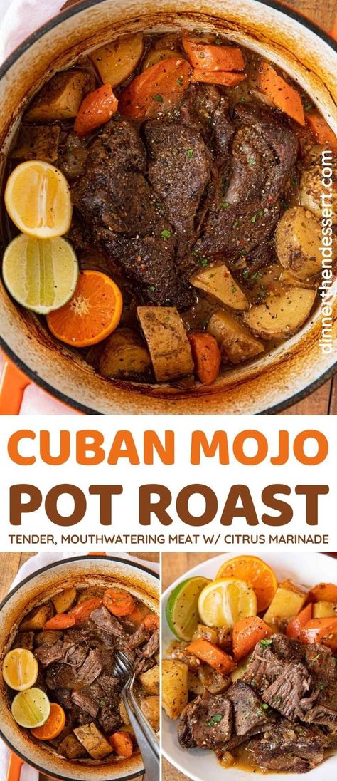 Cuban Mojo Pot Roast is beef chuck roast in a zesty garlic citrus marinade with potatoes and carrots. #potroast #dinner #cubanfood #cubanrecipes #mojobeef #carrots #potatoes #dinnerthendessert Beef Stew Crock, Cuban Mojo, Citrus Marinade, Chuck Roast Recipes, Pot Roast Crock Pot Recipes, Pot Roast Recipe, Carrots Potatoes, Potatoes And Carrots, Crockpot Roast