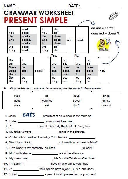 Simple Present Tense Worksheets, Elementary Worksheets, English Grammar Exercises, Simple Present Tense, Simple Present, Grammar Exercises, English Worksheet, English Exercises, Teaching English Online