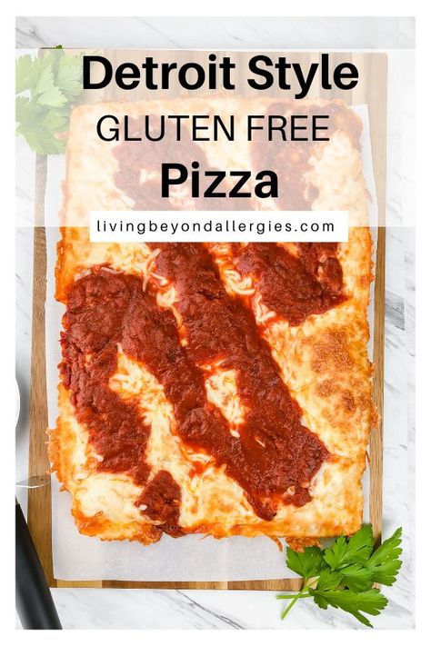 Dairy Free Pizza Crust, Chewy Pizza Crust, Wheat Free Dairy Free, Detroit Style Pizza Recipe, Allergy Free Baking, Pizza Gluten Free, Detroit Style Pizza, Gluten Free Pizza Dough, Thick Crust Pizza