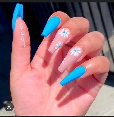 Summer Nails Coffin Shape, Nails Polish Designs, Long Nail Art Designs, Y2k Nail Art, Coffin Nails Designs Summer, Y2k Nail, Blue Coffin Nails, Long Nail Art, Nails Art Designs