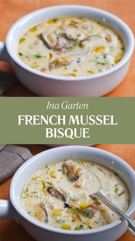 Ina Garten French Mussel Bisque Creamy Mussel Soup, Mussels Soup Recipe, Recipes For Mussels, Mussel Soup Recipe, Leftover Mussels Recipe, Mussel Stew, Canned Mussels, French Stew, Mussel Soup