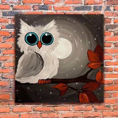 White Owl Painting, Owl Canvas Painting, Owl Painting Acrylic, Pre Drawn Canvas, Owl Night, Cute Easy Paintings, Colorful Canvas Art, Acrylic Art Projects, Owl Canvas