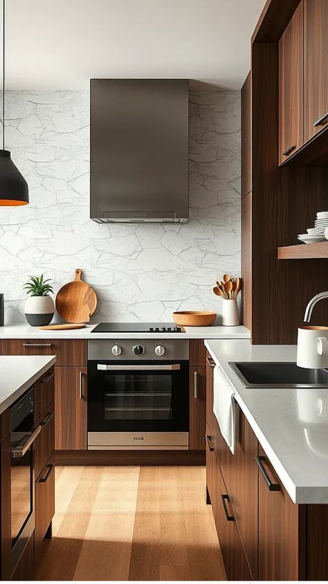 Modern kitchen with dark wood cabinets, a stainless steel oven, white countertops, and a marble-patterned backsplash. Kitchen Cherry Wood Cabinets, Wood Kitchen Decor Ideas, Dark Wood Kitchen Ideas, Wood Kitchen Decor, Dark Wood Kitchen, Wood Kitchen Ideas, Wood Kitchens, Cherry Wood Cabinets, Dark Wood Kitchens