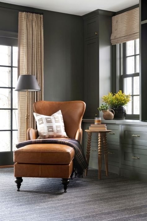 Rustic Cottage Clubhouse Style Bonus Room | Dark Wood, Safari Animals, Browns, Olives | Bria Hammel Interiors Vintage Vogue Benjamin Moore, Olive Green Paints, Bria Hammel Interiors, Bria Hammel, Upholstery Trends, Small Sectional Sofa, Dark Paint Colors, Leather Chaise, Dark Furniture