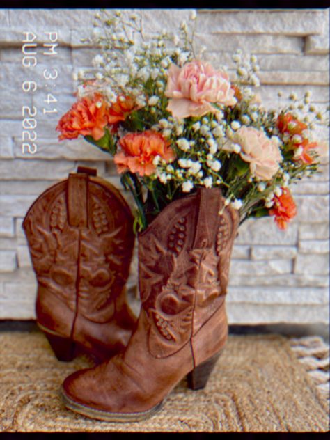 Cowgirl Boot Flower Vase, Cowgirl Boots Flowers, Cowboy Boot Vase With Flowers, Cowboy Boot Flower Arrangement, Western Flower Arrangements, Boot Flower Arrangement, Western Floral Arrangements, Cowboy Boots Flowers, Flowers In Boots