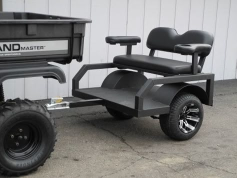 Designed for off-road duty behind golf carts, ATVs, and UTVs, these small tram trailers haul two passengers in comfort (the seats even include… Golf Push Cart, Custom Golf Carts, Atv Trailers, Atv Accessories, Trailer Build, Go Carts, One At A Time, 4 Wheeler, Golf Training