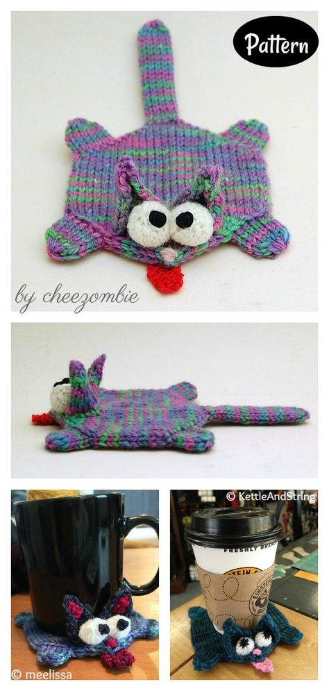 Cat Potholder, Cat Hat Pattern, Knit Coaster, Animal Knitting Patterns, Knitted Cat, Free Knitting Patterns, Yarn Projects, Knitting Girls, Knitted Dolls