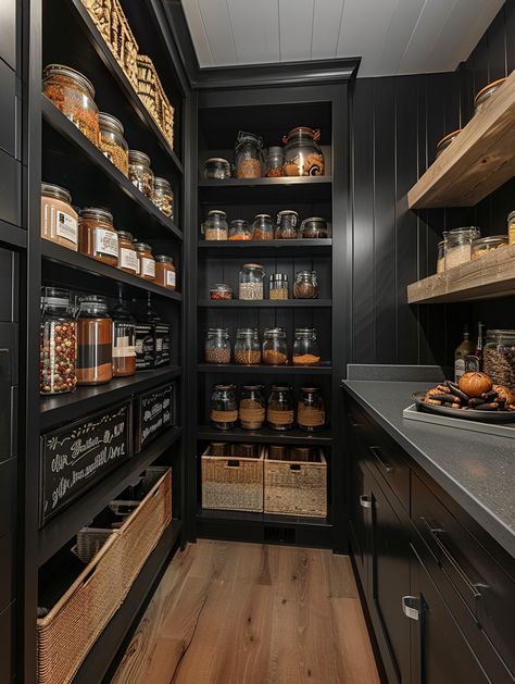 Pantry Design | 61 Elegant, Practical Kitchen Storage Ideas Dark Moody Pantry, Black And Wood Pantry, Black Accents In Kitchen, Black Pantry Shelves, Black Butlers Pantry, Moody Pantry, Homey Aesthetics, Luxury Pantry, Canning Pantry