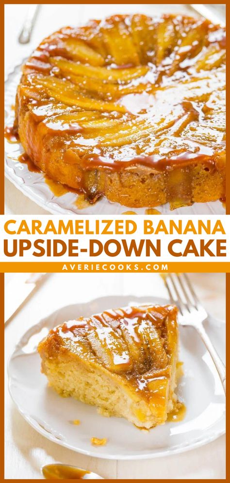 Caramelized Banana Upside-Down Cake - Averie Cooks Upside Down Banana Cake, Banana Upside Down Cake, Caramelized Banana, Springform Pan Cake, Averie Cooks, Caramelized Bananas, Salted Caramel Sauce, Pan Sizes, Banana Slice