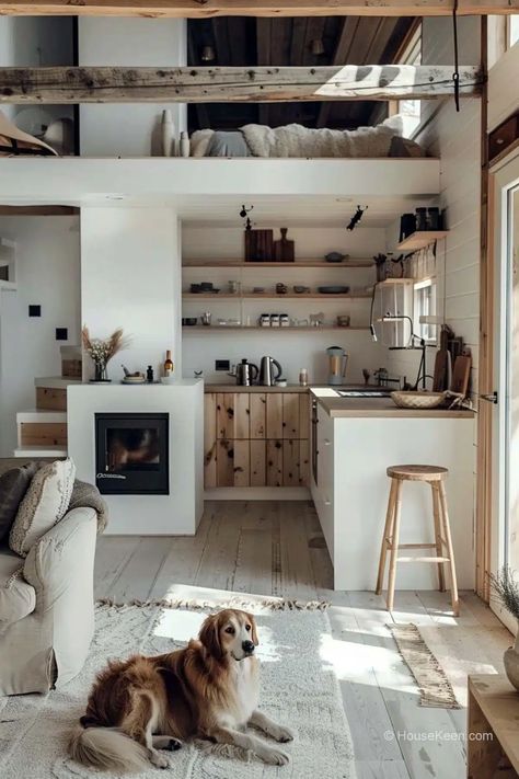 21 Tiny Houses With Staircases That Just Work (Pictures) Tiny House Vintage Style, 2 Bed Tiny Home, Tiny House Cottagecore, Small Houses Interiors, Staircase With Lights, Tiny Stone House, Tiny House Farmhouse, Tiny Homes Interior, Good Views