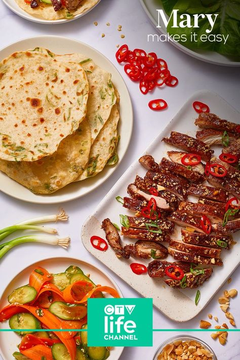 Make a #restaurantstyle meal at home with #MaryBerg's incredible #hoisinchicken, #quickpickle veggies and #greenonionpancakes. #MaryMakesItEasy Green Onion Pancake, Onion Pancake, Hoisin Chicken, Mary Berg, Pickled Cucumbers, Quick Pickled, Quick Pickled Cucumbers, Green Onion, Hoisin Sauce