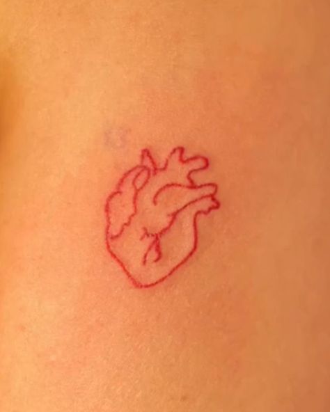 Red Ink Stick And Poke, Red Anatomical Heart Tattoo, Red Stick And Poke, Heart Tattoo Red, Tattoo Red Ink, Tattoo New York, Small Heart Tattoo, Tattoo On The Back, Red Ink Tattoo