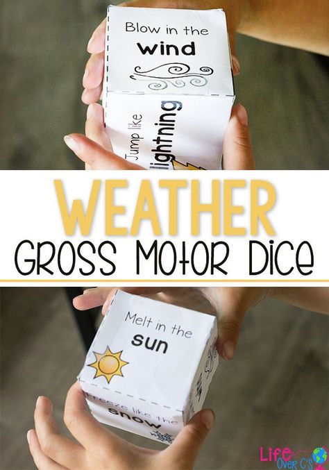 Free Printable Weather Gross Motor dice for kids. Perfect for brain breaks, a weather unit or just keeping the kids moving when they can't get outside to play. Weather Activities Preschool Gross Motor, Weather Yoga Preschool, Shape Movement Activities, Weather Gross Motor Activities, Kindergarten Rainy Day Activities, Wind Projects For Preschool, Weather Theme Preschool, Weather Prek, Dice Games For Kids