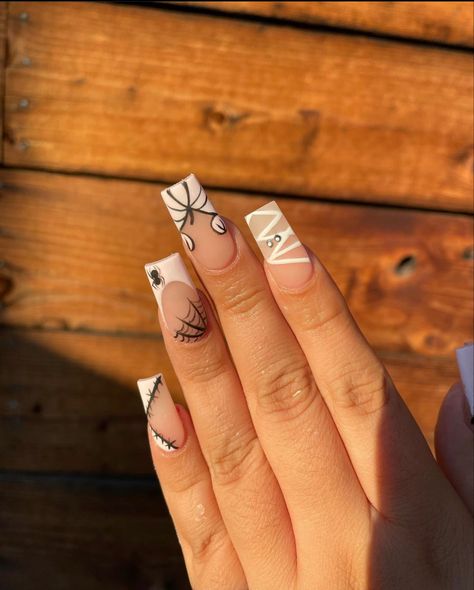 Medium Length Nails Acrylic Halloween, Medium Length Nails Acrylic Coffin Halloween, Beige Halloween Nails, Neutral Halloween Nails Coffin, Halloween Nails Tapered Square, Brown Halloween Nails, White French Nails, Coffin Shape Nails, Butterfly Nail