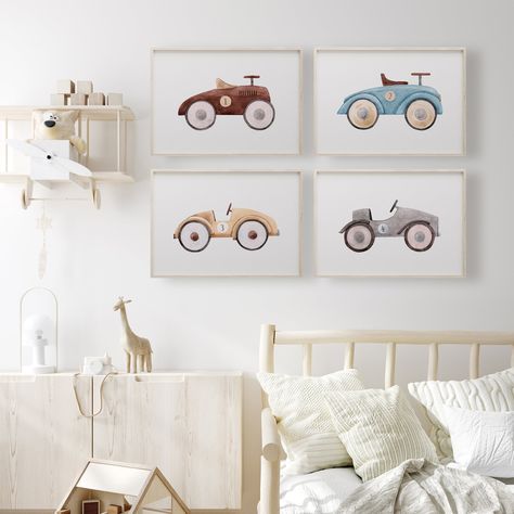 Get those motors running with these vintage car prints! Add some style to the nursery, bedroom, or playroom with this set of 4 classic car prints, perfect for any car enthusiast, big or small. Rev up the fun in any room! Car Theme Nursery, Boys Car Bedroom, Vintage Car Bedroom, Car Themed Bedrooms, Car Nursery, Race Car Themes, Boy Toddler Bedroom, Baby Boy Nursery Themes, Car Prints