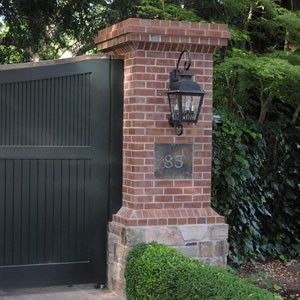 This would be the perfect gate entrance for our neighborhood if it ever became a gated community. Brick Gate, Cottage Garden Sheds, Brick Pillars, Brick Driveway, Farm Entrance, Gate Lights, Brick Columns, Driveway Entrance, Brick Fence