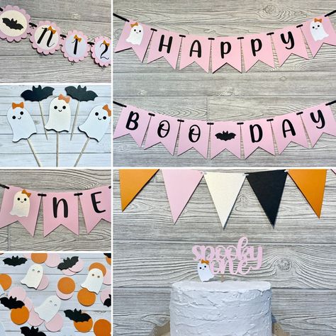 Pink Happy Boo Day Party Package, Our Little Boo Is Turning One, Halloween 1st Birthday Decor, Spooky One Birthday Girl, Fall First Birthday Boo Day Party, Happy Boo Day, Spooky One Birthday, Fall First Birthday, Halloween Confetti, 1st Birthday Decor, Halloween 1st Birthdays, Ghost Cupcakes, Triangle Flag