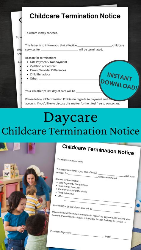 Our Childcare Termination Notice is a simple, to-the-point letter to inform parents and guardians that their childcare will be ending. Perfect for daycares, preschools and child care centers. Daycare Contract, Termination Letter, Home Daycare Ideas, Daycare Forms, Childcare Business, Kids Daycare, Daycare Ideas, Home Daycare, Letter To Parents