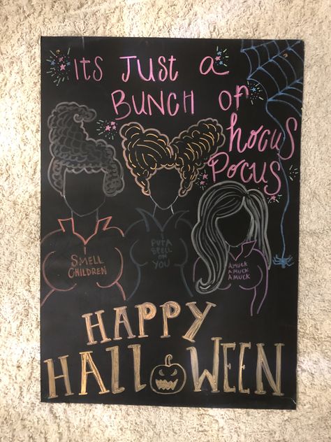 Hocus Pocus Chalkboard Ideas, Funny Halloween Chalkboard Art, Hocus Pocus Chalkboard Art, Hocus Pocus Chalkboard, Hocus Pocus Drawing, Halloween Chalkboard Art, White Board Drawings, Chalkboard Inspiration, Chalkboard Holiday