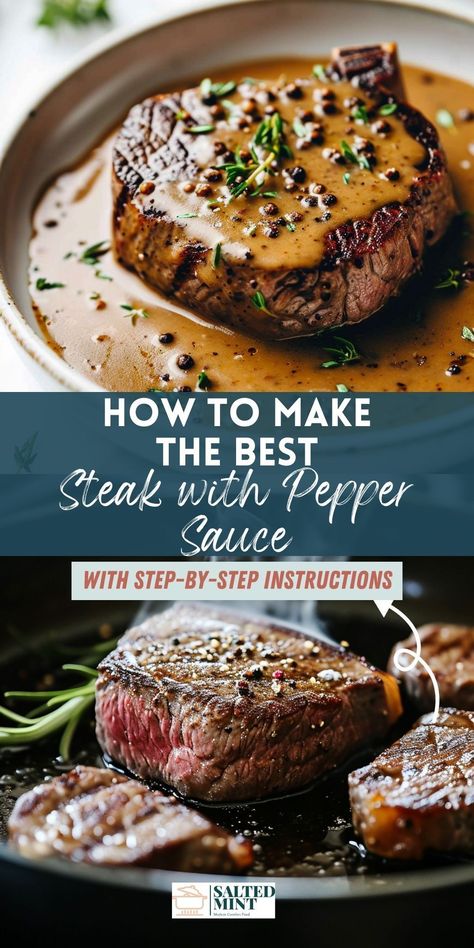 This easy-to-make sirloin steak, is seasoned to perfection and served with a creamy peppercorn sauce. Whether it's for a special date night in or a Valentine's celebration, this recipe adds a touch of sophistication to any evening. Our grilled or pan-seared sirloin steak recipes are not just simple to prepare but also cater to a healthier lifestyle. Indulge in the flavors of a classic steak au poivre at home and enjoy a memorable steak dinner. Steak In Sauce Recipes, Peppercorn Marinade For Steak, Peppercorn Demi Glaze, Sirloin Top Steak Recipes, Pan Seared Tenderloin Steak, Steak Au Poivre Recipe Peppercorn Sauce, Sirloin Steak Tips Recipes Easy, Top Sirloin Steak Dinner Ideas, Recipes With Petite Sirloin Steak