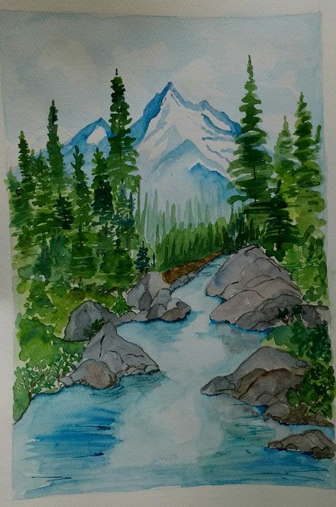 Spring time in the Rockies. #more2art #navazdcruz #watercolourpaintings #waterblog #paintingoftheday #watercolor_blog #watercolor_daily #watercolor #mountainpainting #artistsoninstagram #watercolours Land Scape Paintings Watercolors, Watercolor Land Scape, Water Colour Land Scapes, Land Scape Drawing, Paint Nature, Easy Landscape, Colors Photography, Tree Watercolor Painting, Tree Watercolor