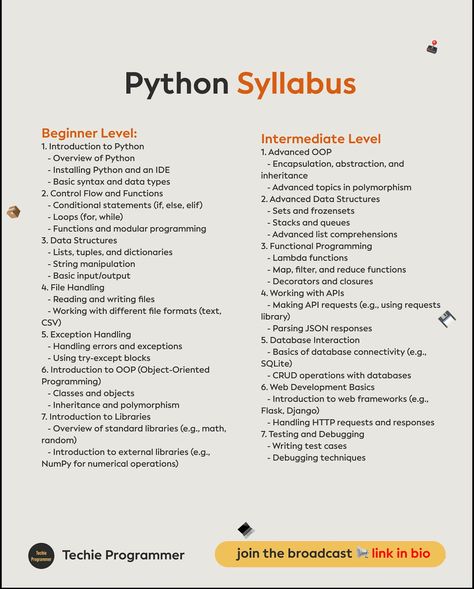 📚 Complete Python Syllabus for Beginners to Advanced 🐍 Master Python programming with our detailed syllabus! Learn everything from basic syntax to advanced topics like web development, data analysis, and machine learning. Whether you’re just starting or aiming to refine your skills, this Python roadmap will guide you to success. 🚀 #python #learnpython #pythonprogramming #coding #developer #datascience #machinelearning #programmingtips #webdevelopment Python For Data Analysis, Python Roadmap For Beginners, Python Syllabus, Python Roadmap, Python Notes, Python Basics, Learn Python, Notes Inspiration, Data Structures