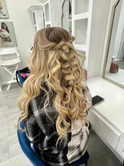 Half Up Half Down Style With Crown And Bubble Braids Down Braids Hairstyles, Bubble Braid Half Up Half Down, Bubble Braid Hairstyle, Half Up Half Down Braids, Curly Half Up Half Down, Braid Half Up Half Down, Half Up Half Down Hairstyle, Down Hairstyle, Prom Buns