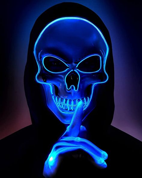 Glow In The Dark Skeleton Costume, Led Mask Halloween Costumes, Glow In The Dark Costume Ideas, Scary Boys Halloween Costumes, Cool Masks Dark, Scary Mask Design, Halloween Costumes With Masks, Blue Halloween Costumes, Cool Halloween Masks