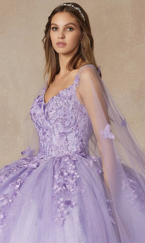 A blend of sophistication and fun, this ball gown quinceañera dress is perfect for paving your way into adulthood with sassy style. Intricate embroidery and beaded details on this glitter quince dress enhance the fitted bodice and accent the poofy skirt. A scattering of 3-D butterfly appliques pop against the v-neck embroidered quince dress and flutter delicately on the removable sheer cape for a life-like effect. The lace-up back makes it easy to find the perfect fit. Wish a celebratory goodbye Ballroom Extravaganza, Cape Dress Long, Long Ball Dresses, Era Dresses, Elegant Cape, Special Ocassion Dresses, Long Ball Gown, Sheer Cape, Butterfly Applique