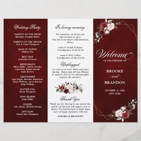 Maroon Roses, Modern Wedding Program, Peach Salmon, Country Barn Weddings, Wedding Programs Template, Watercolor Bouquet, Coral Flowers, Program Ideas, Wildflower Wedding