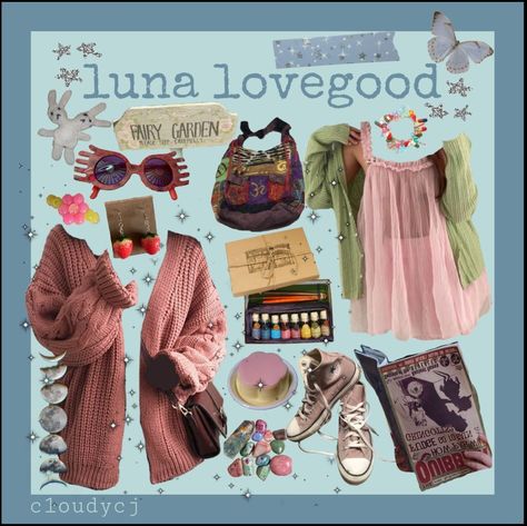 luna lovegood, harry potter, modern happy potter, modern luna lovegood, luna lovegood aesthetic, harry potter aesthetic, fairycore Luna Lovegood Inspired Nails, Luna Lovegood Costume Ideas, Luna Lovegood Bedroom, Luna Lovegood Outfits Aesthetic, Luna Love Good Costume, Luna Lovegood Diy Costume, Pandora Lovegood Outfit, Luna Lovegood Moodboard, Luna Lovegood Nails