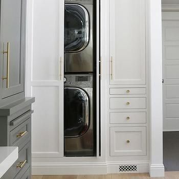 Washer Dryer Laundry Room, Stackable Laundry, Stacked Laundry, Grey Laundry Rooms, Stacked Laundry Room, Laundry Room Storage Shelves, Hidden Laundry, Small Laundry Room Organization, Room Storage Diy