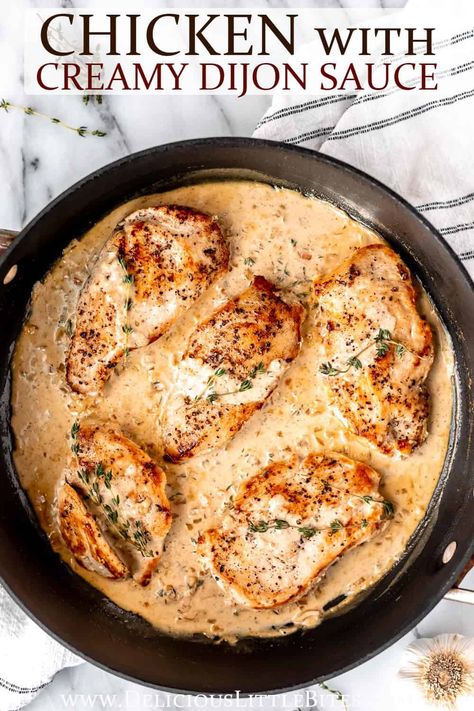 Chicken with Creamy Dijon Mustard Sauce is a simple, incredibly delicious recipe made with pan-seared chicken breasts in a luscious, rich sauce made with white wine, cream, and Dijon mustard. It's simple enough to be enjoyed on a busy weeknight, yet fancy enough for a special dinner party or event. Chicken Lazone, Dijon Mustard Sauce, Mustard Cream Sauce, Mustard Chicken Recipes, Pan Seared Chicken Breast, Dijon Chicken, Seared Chicken Breast, Pan Seared Chicken, Skillet Dishes