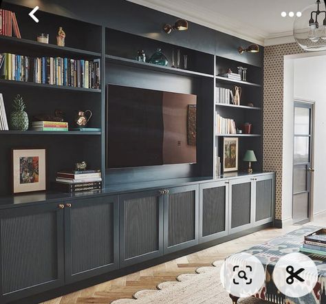 Tv In Built In Bookcase, Long Built In Shelves, Tv Built In Wall Unit, Blue Bookshelves, Built In Wall Units, Built In Shelves Living Room, Living Room Built Ins, Built In Cabinet, Storage House