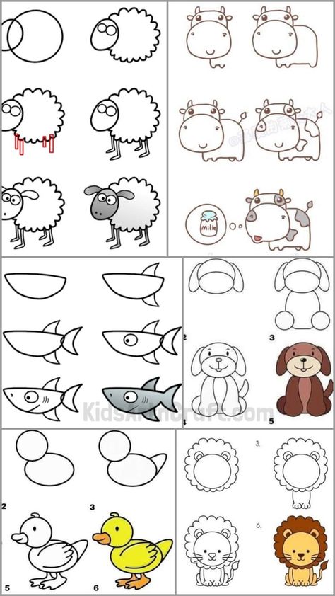 Easy Animals to Draw with Step by Step Tutorials - Kids Art & Craft Easy Way To Draw Animals, Learn To Draw Animals, Doodle Animals Step By Step, Easy Drawing For Preschoolers, How To Draw Farm Animals Easy, Chalk Animals Easy, Step By Step Chalk Drawing, Step To Step Drawings, Easy Cute Animals To Draw