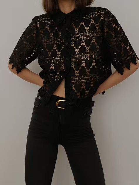 LACE BUTTON UP SHIRT BLACK Lace Button Up Shirt, Romantic Nature, Black Lace Blouse, Lace Button, Destroyed Denim, Scalloped Trim, Lace Shirt, Sell Out, Elbow Length Sleeve