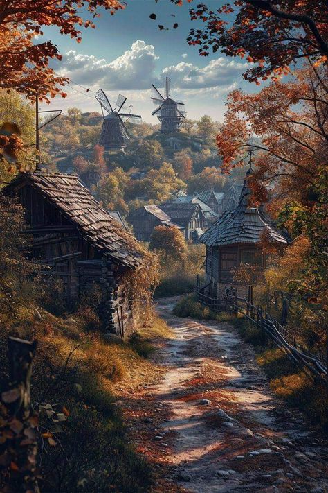 Autumn Village, Windmill Landscaping, Fantasy Fields, Village Landscape, Fantasy Architecture, Fantasy Village, Folklore Art, Fall City, Art Village