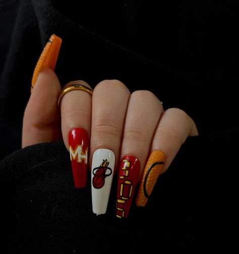 LETS GO @miamiheat 🔥🏀 @heat - - Products from @modelones & @rosalindnailpolish - -#miamiheat#miamiheatnails #customnails #nailart #basketballnails #pressonnails #sophisticuticlestudios Heat Nails, Basketball Nails, Heat Basketball, Miami Heat, Nail File, Glue On Nails, Makeup Cosmetics, Press On Nails, The Heat