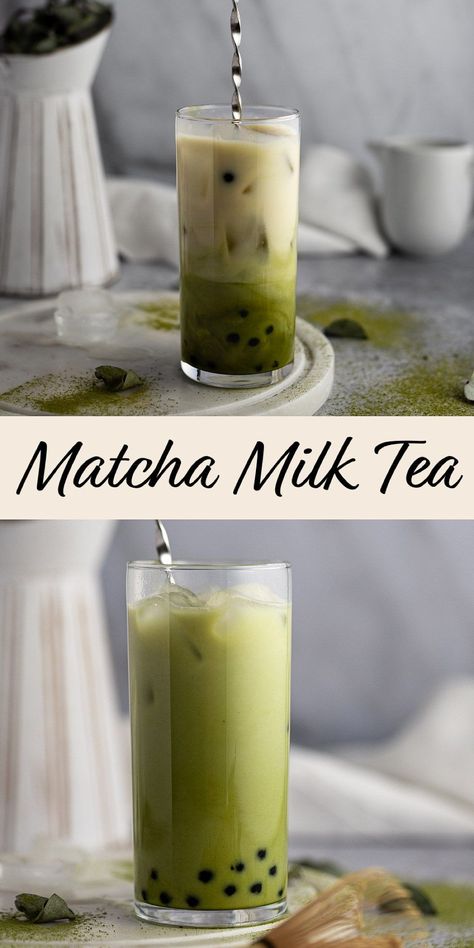 This creamy, vegan matcha milk tea is a delicious bubble tea recipe for anyone who loves matcha. Matcha green tea and almond milk, sweetened with simple syrup, and packed with boba. Served over ice for a refreshing, healthy drink. Macha Milk Tea, How To Make Matcha Milk Tea, Matcha Boba Tea Recipe, Best Boba Tea Flavors, Green Milk Tea Recipe, Healthy Boba, Matcha Bubble Tea Recipe, Matcha Milk Tea Recipe, Milk Tea Flavors